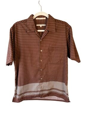 Perry Ellis Brown Geometric Retro 100% Cotton Short-Sleeve Button-Down Shirt S